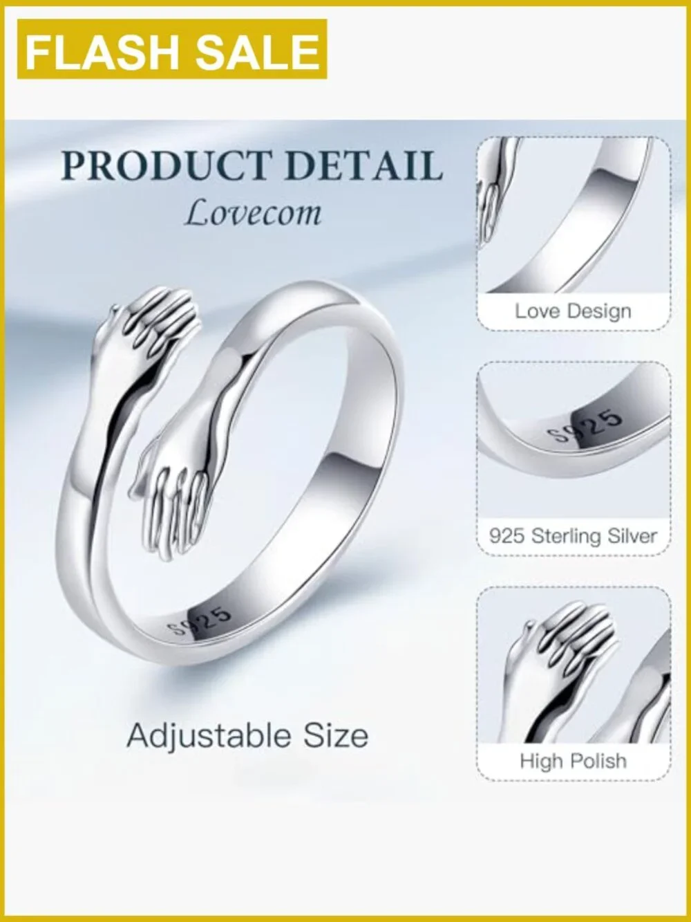Adjustable Sterling Silver Hug Ring Women Hope Hands Friendship Jewelry Gift
